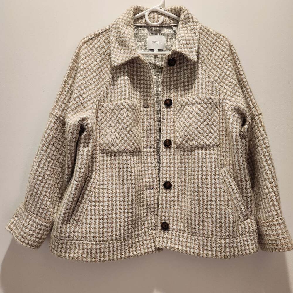 Greylin Anthropologie Houndstooth Knit Shirt Jacket Size Small Shacket Shimmer